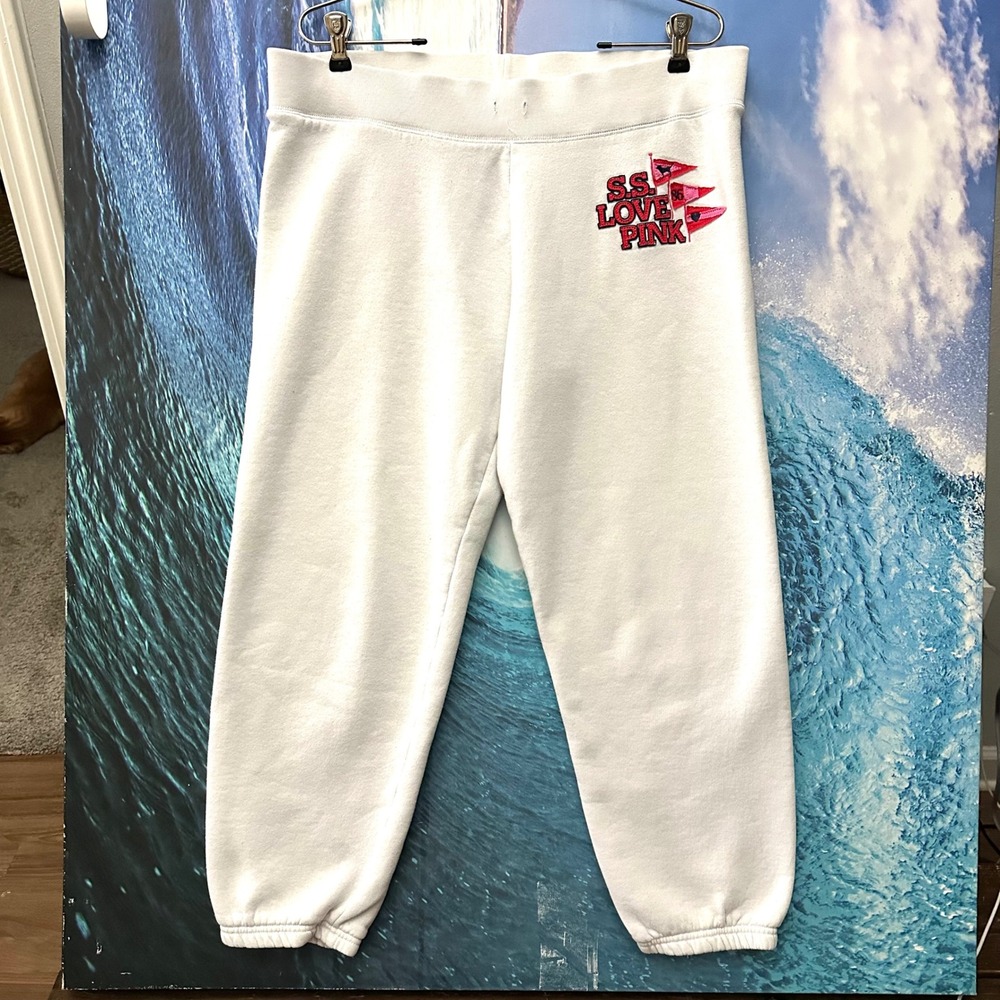 Victorias Secret SS Love PINK Vintage 2006 White Sweatpants Red Spellout L Large